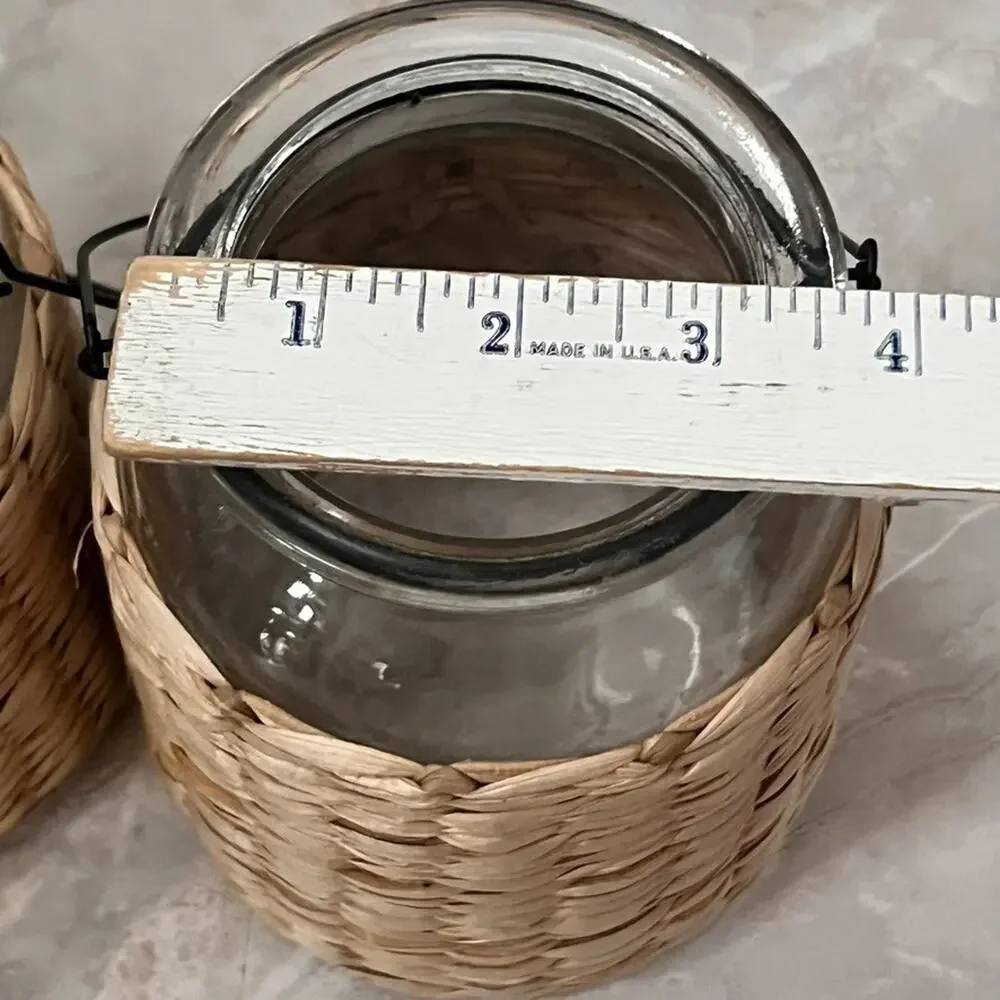 Wicker Glass Jar With Black Metal Handle Multi-Purpose Candle Plant Boho